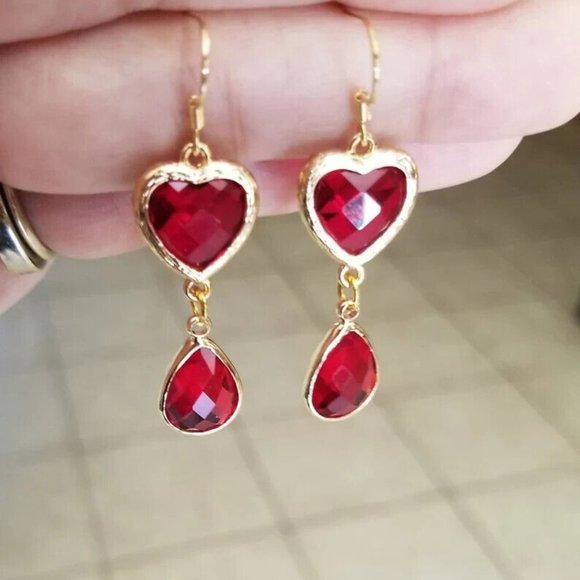 14k Gold Ruby Earrings Teardrop Heart Simulated Ruby Dangle Earrings Statement - Picture 3 of 5
